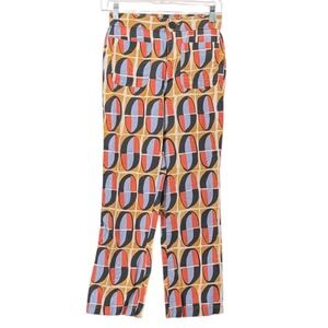 Zara Womens XS Pants Geometric Retro Linen Blend Straight Leg 70s Vacation Boho